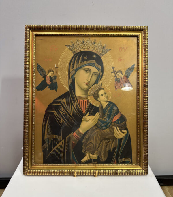 Ikone Muttergottes mit Jesuskind und Engeln im Goldrahmen 48 x 58 cm