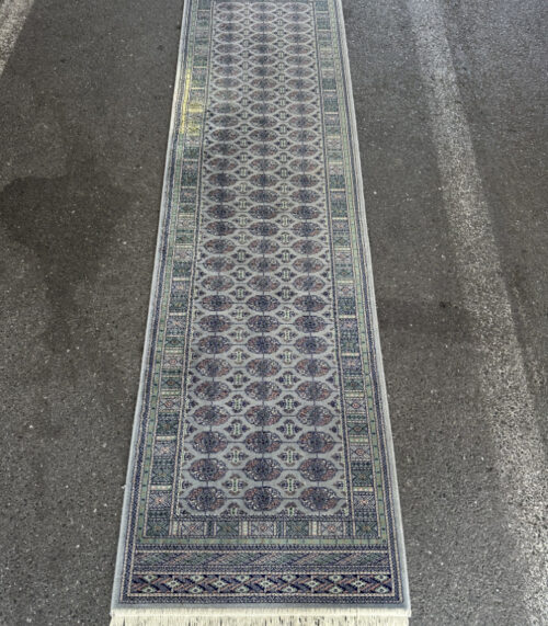 Orientalischer Läufer mit Bukhara Muster in Grau und Blau 287 x 75 cm