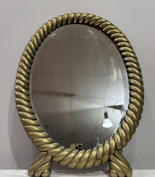 Antiker ovaler Standspiegel mit gedrehtem Rahmen – einzigartiges Vintage-Unikat aus Messing & Holz