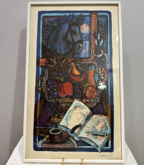 Original Lithografie von René Villiger, 1970 – Farbenstarke Komposition mit Pferd, Stillleben & Buch
