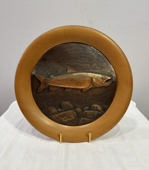 Vintage Kupferrelief mit Fischmotiv im Holzrahmen 1950er-1970er Jahre