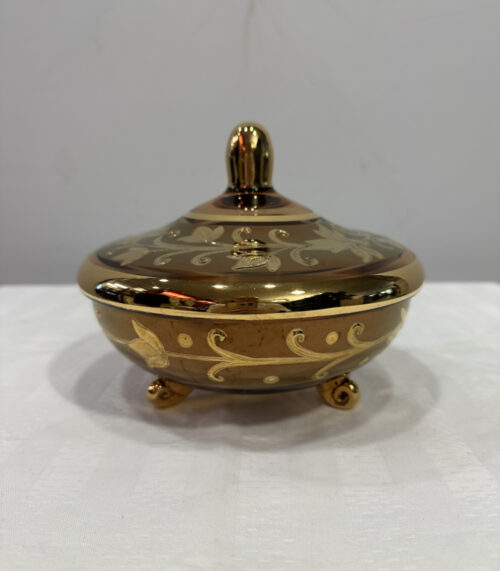 Vintage Glasdose / Bonbonschale mit Relief-Golddekor und Deckel