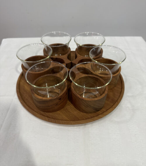 Schott Mainz Jena Glas-Set mit Holzgriffen und Serviertablett