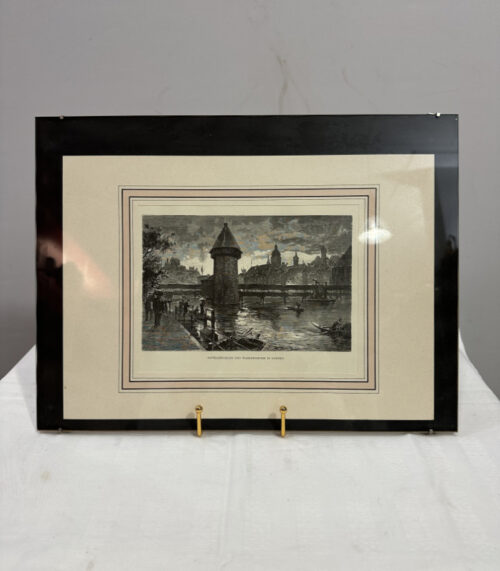 Historischer Stahlstich Kapellbrücke und Wasserturm Luzern 40 x 30 cm