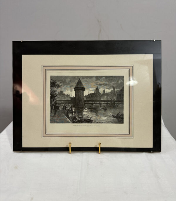 Historischer Stahlstich Kapellbrücke und Wasserturm Luzern 40 x 30 cm