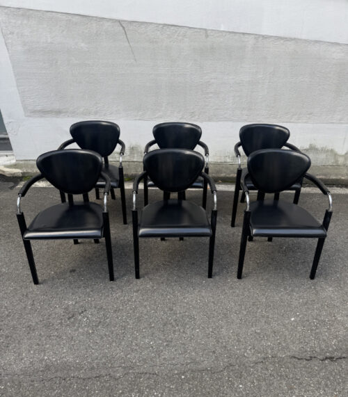 6er-Set Vintage Leder Armlehnstühle aus Holz mit Chromdetails