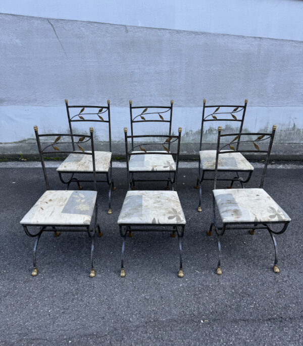 6er-Set Vintage Schmiedeeisenstühle mit Messingdetails