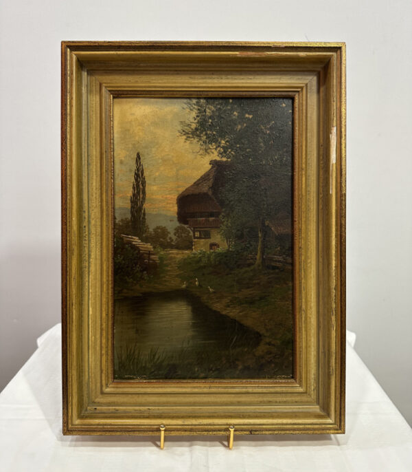 Ölgemälde Bauernhaus am Weiher im Sonnenuntergang