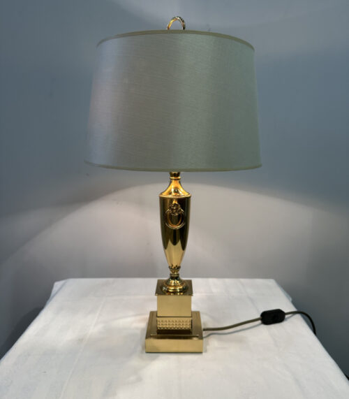 Vintage vergoldete Tischlampe mit Stoffschirm, Beleuchtungs Schau AG Zürich