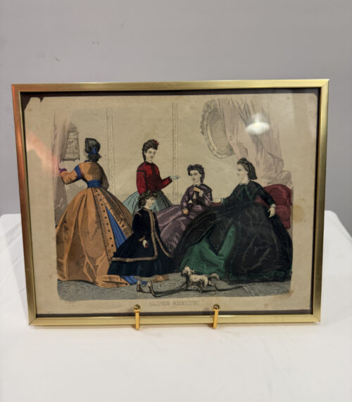 Original Mode-Lithografie „Allgemeine Modenzeitung“ von 1864 – kolorierter Kupferstich im Goldrahmen 30 x 24 cm