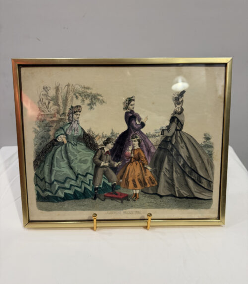 Original Mode-Lithografie „Allgemeine Modenzeitung“ von 1864 – kolorierter Kupferstich im Goldrahmen 30 x 24 cm