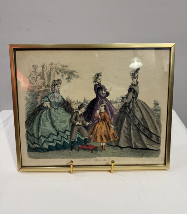 Original Mode-Lithografie „Allgemeine Modenzeitung“ von 1864 – kolorierter Kupferstich im Goldrahmen 30 x 24 cm