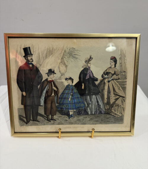 Original Mode-Lithografie 1864 „Allgemeine Modenzeitung“ – kolorierter Kupferstich im Goldrahmen 30 x 24 cm