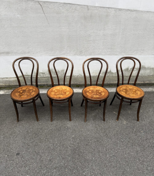 4er Set Vintage Bugholzstühle ZPM Radomsko mit floraler Intarsie