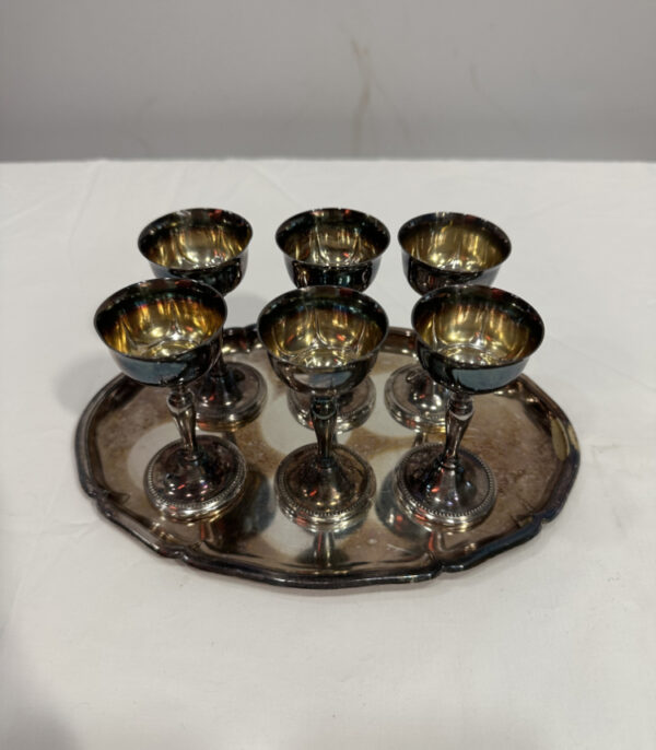 Set aus 6 versilberten Likörkelchen mit Tablett