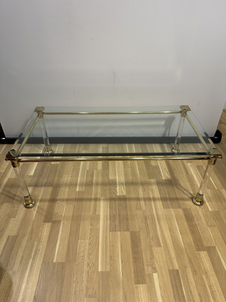 Vintage Hollywood Regency Couchtisch aus Glas, Messing und Plexiglas ca. 1970er Jahre