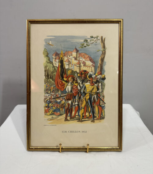 Limitierte Lithografie Eroberung Schloss Chillon „1536 Chillon 1953“ von P. Favre