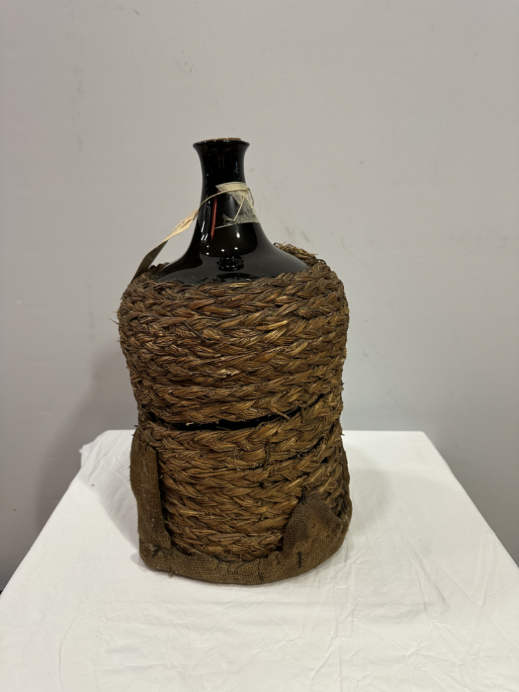 Vintage Bauernhaus Weinballon aus Glas mit Strohumwicklung ca. 1950er-60er Jahre