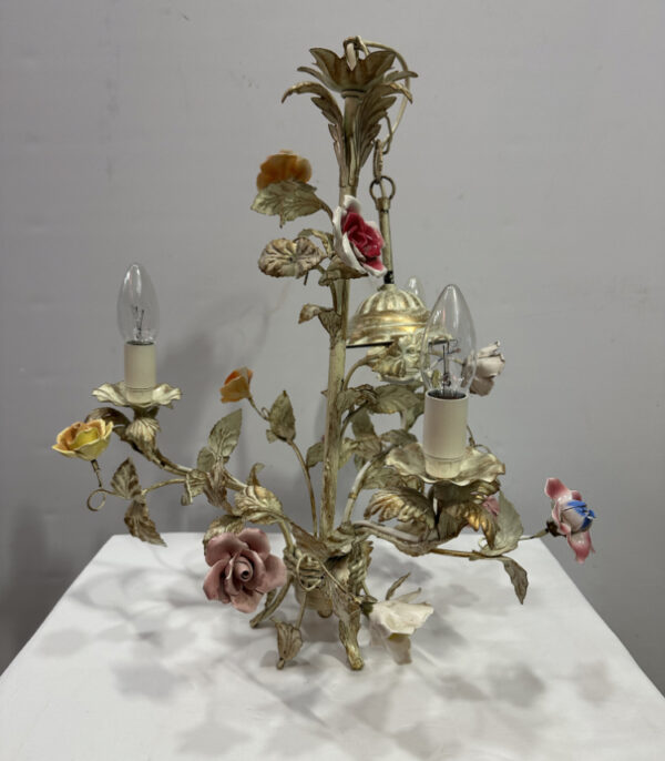 Florentiner Hängelampe mit Porzellanblüten, ca. 1960er Jahre