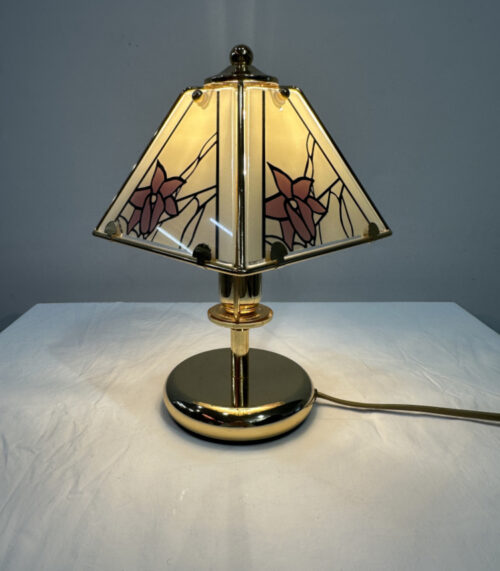 Vintage Tischlampe mit Messingfuss und floralen Glaselementen 1980er Jahre