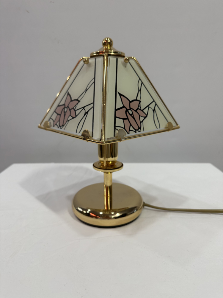 Vintage Tischlampe mit Messingfuss und floralen Glaselementen 1980er Jahre – Bild 2