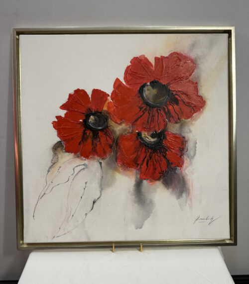 Blumen Ölgemälde auf Leinwand mit rotem Blütenmotiv – Signiert 64 x 64 cm