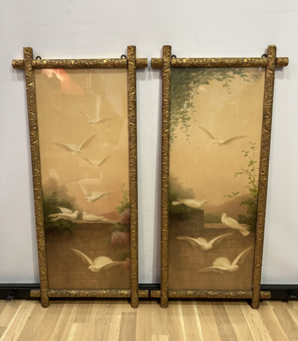 Antikes Jugendstil Ölgemälde "Weisse Tauben im Garten" von Emilie Vouga um 1900