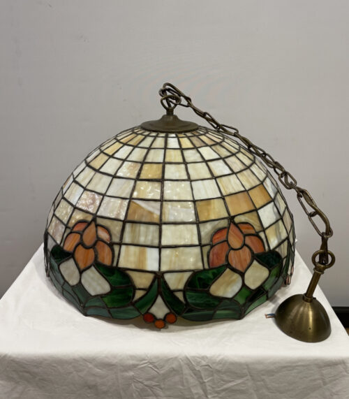 Vintage Tiffany-Stil Deckenlampe aus Glas mit floraler Bleiverglasung ca. 1980er Jahre