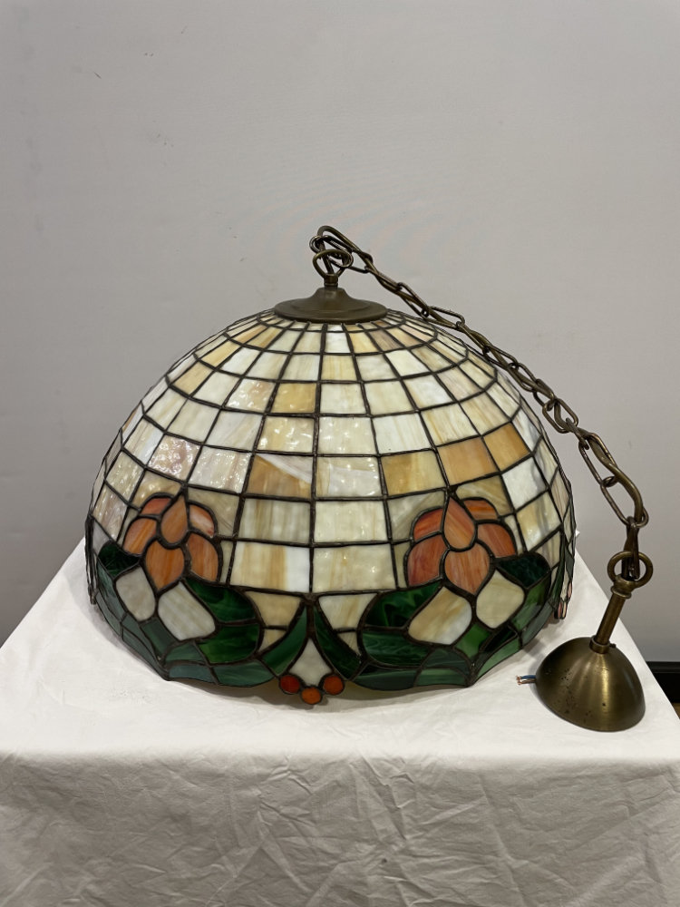 Vintage Tiffany-Stil Deckenlampe aus Glas mit floraler Bleiverglasung ca. 1980er Jahre