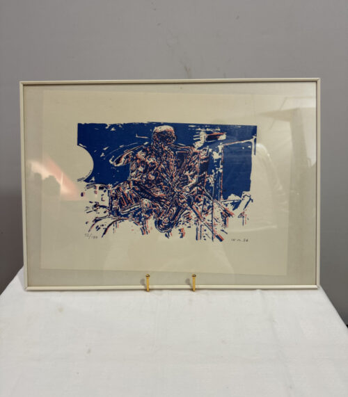 Vintage Grafikdruck „Jazz Saxophonist“ im cremefarbenen Rahmen (1986)