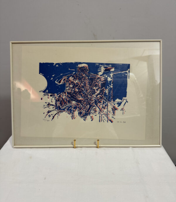 Vintage Grafikdruck „Jazz Saxophonist“ im cremefarbenen Rahmen (1986)