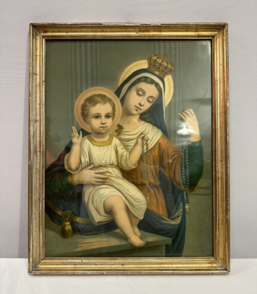 Andachtsbild Kunstdruck "Maria mit Kind und Rosenkranz" im Goldrahmen