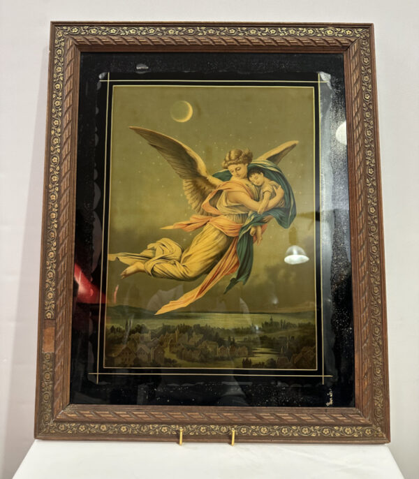 Antiker Öldruck "Engel mit Kind über Stadtlandschaft" um 1900