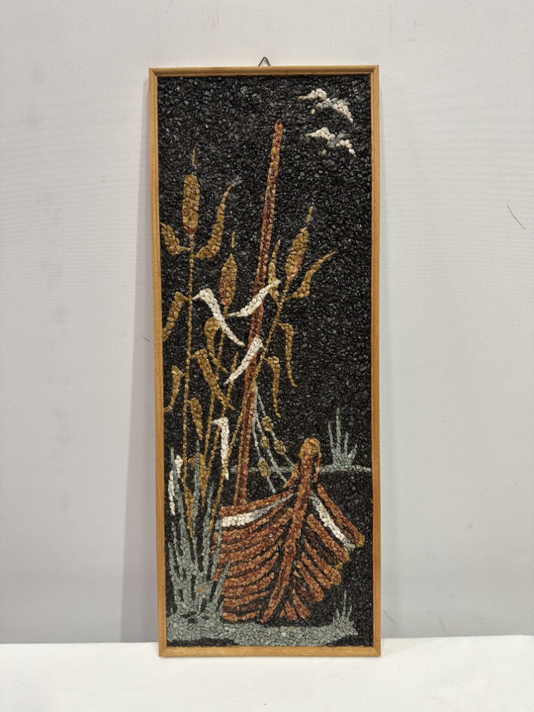 Vintage Steinmosaikbild mit Boot und Schilf – Handgefertigte Wandkunst im Holzrahmen – Bild 2