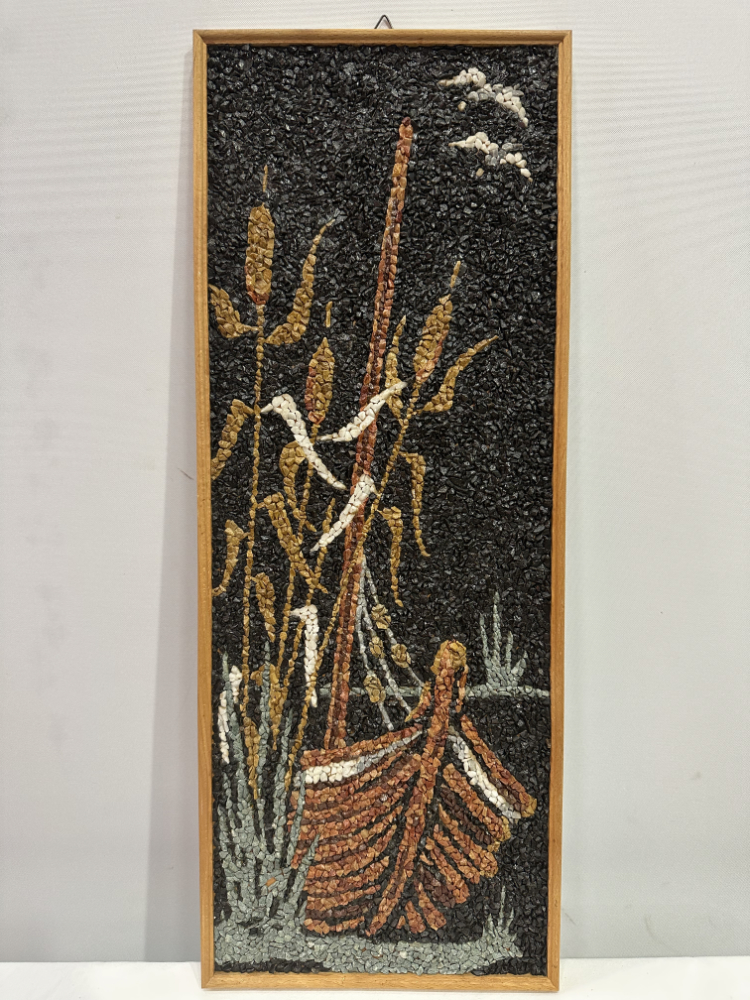 Vintage Steinmosaikbild mit Boot und Schilf – Handgefertigte Wandkunst im Holzrahmen – Bild 3