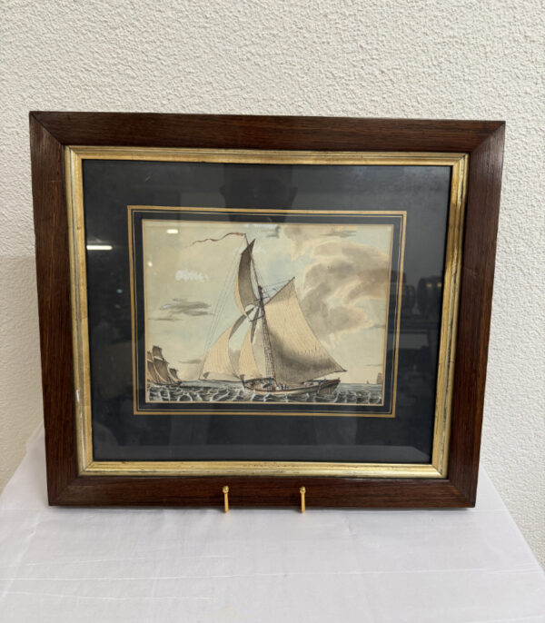 Antike maritime Aquarellzeichnung „A Small Cutter Beating to Windward under Double Reefed Mainsail“ (1833)