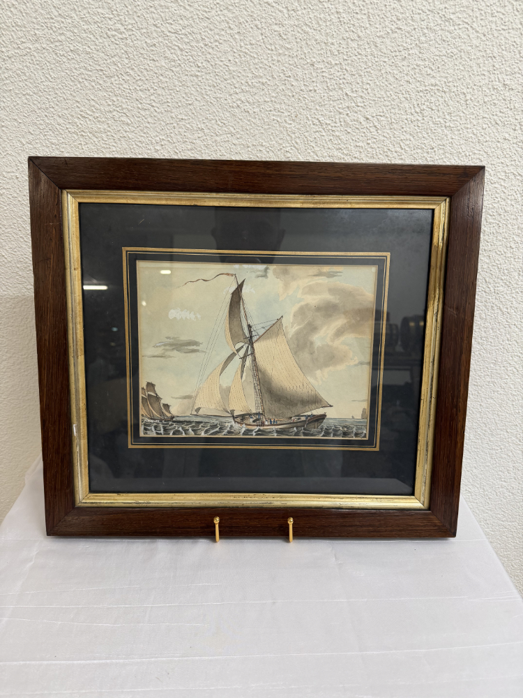 Antike maritime Aquarellzeichnung „A Small Cutter Beating to Windward under Double Reefed Mainsail“ (1833)