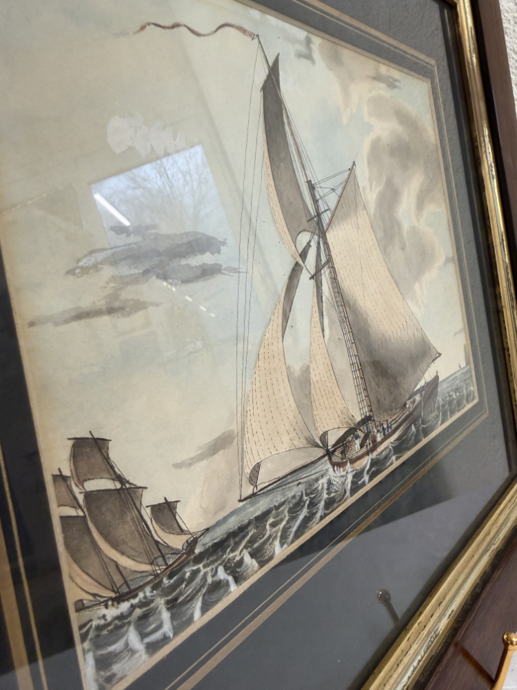 Antike maritime Aquarellzeichnung „A Small Cutter Beating to Windward under Double Reefed Mainsail“ (1833) – Bild 8