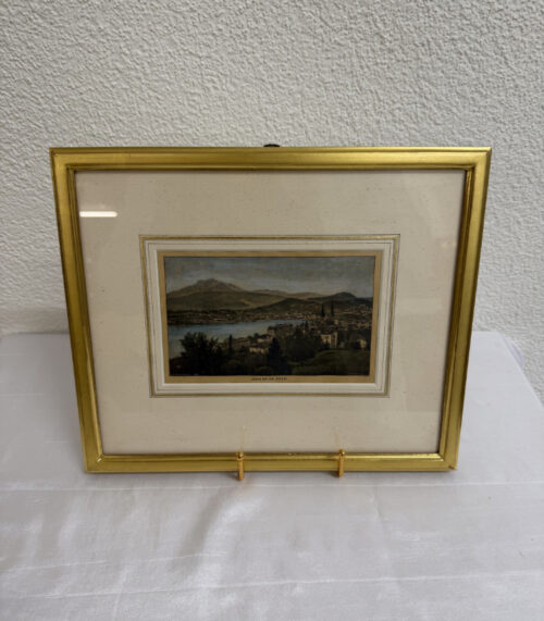 Antike Schweizer Stadtansicht "Luzern mit dem Pilatus", koloriert und gerahmt (ca. um 1900)