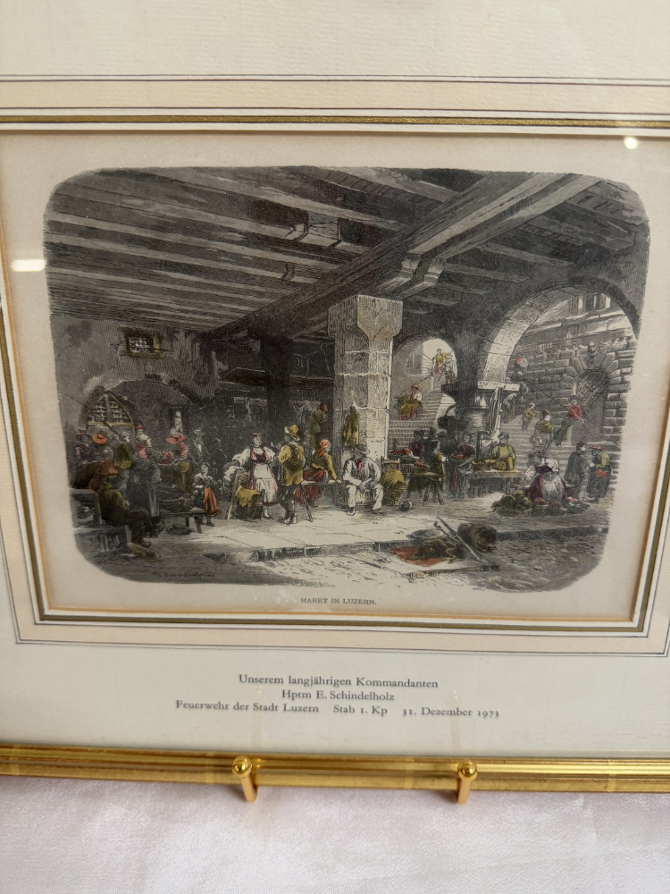 Antiker Stahlstich „Markt in Luzern“ – handkoloriert (19. Jahrhundert) – Bild 2