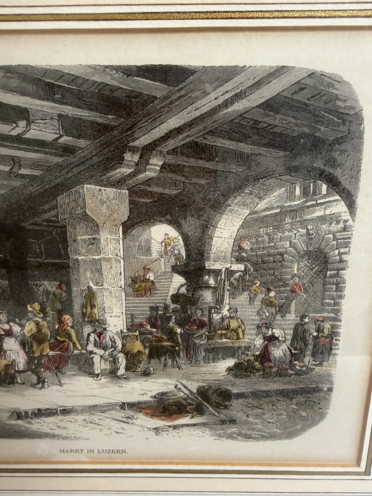 Antiker Stahlstich „Markt in Luzern“ – handkoloriert (19. Jahrhundert) – Bild 3