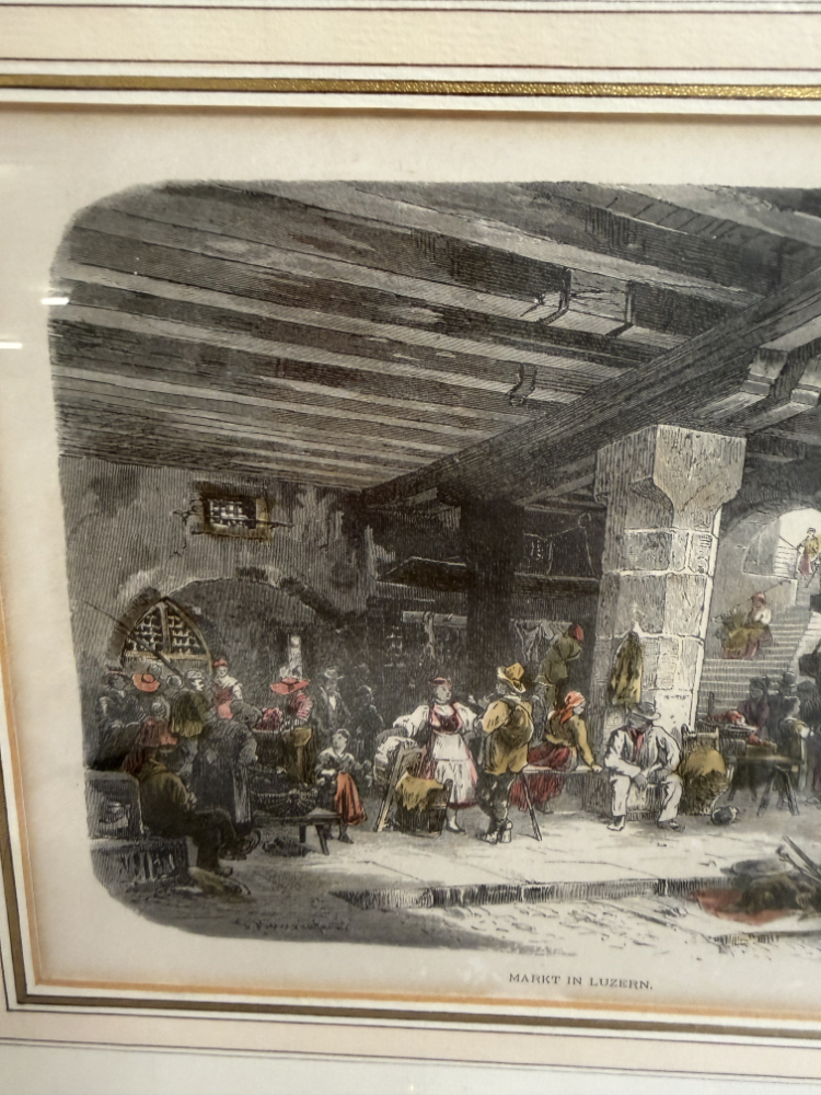 Antiker Stahlstich „Markt in Luzern“ – handkoloriert (19. Jahrhundert) – Bild 4