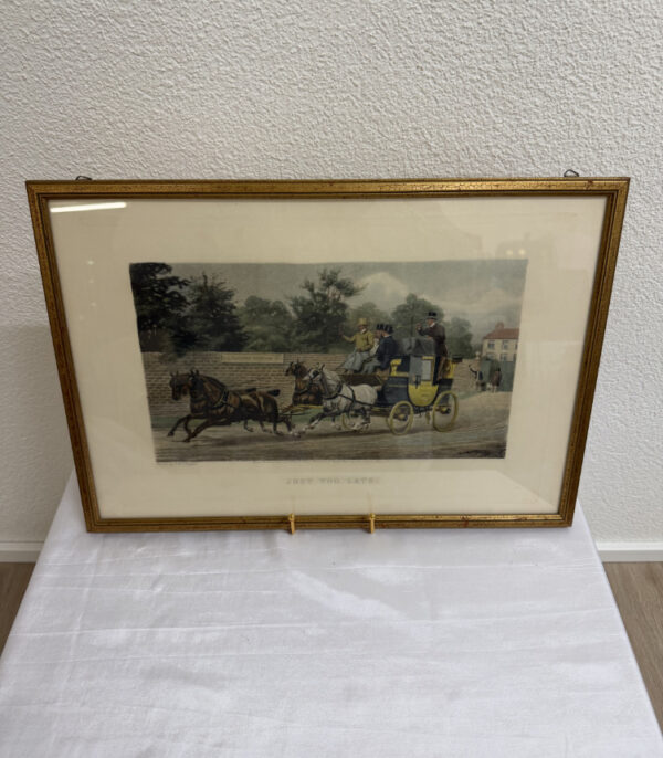 Vintage Kutschenszene „Just too late“, kolorierter Druck