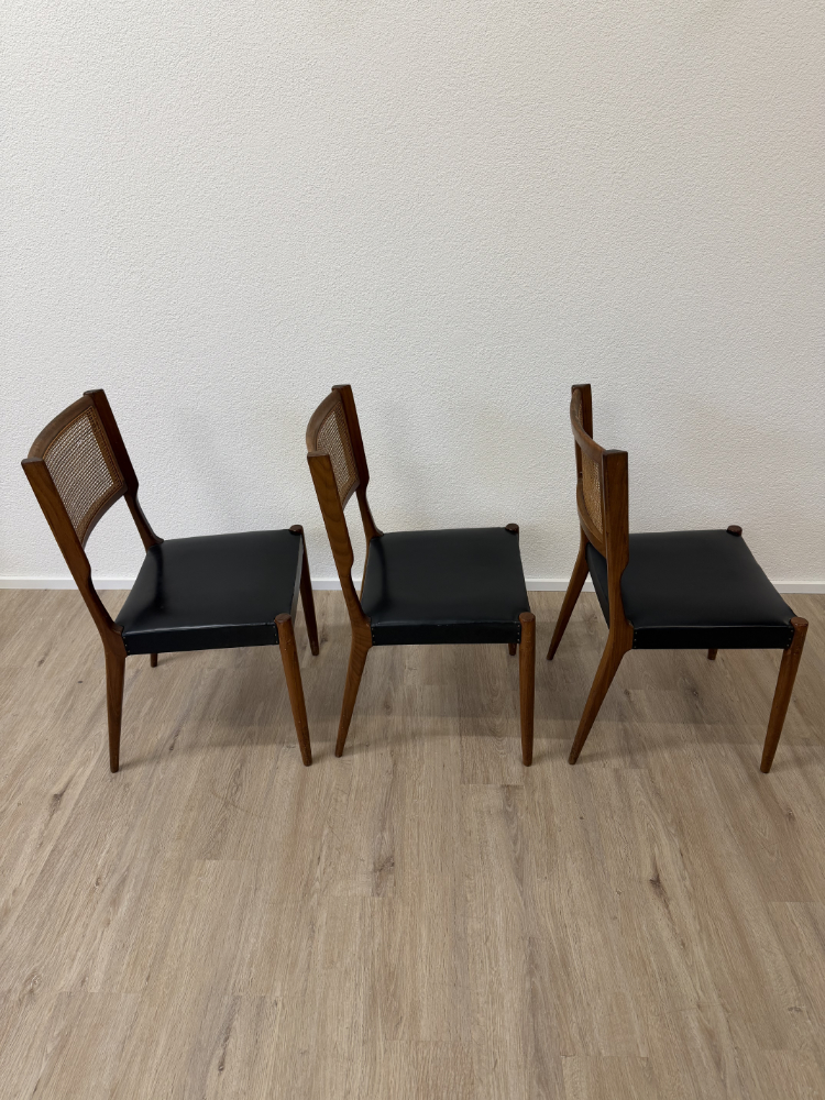 Vintage Mid Century 3er-Set Esszimmerstühle aus Holz mit Rattanlehne, ca. 1950er bis 1960er Jahre – Bild 2