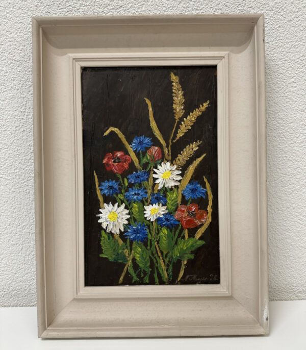 Signiertes Blumenstillleben in Öl, Mohn, Margeriten und Kornblumen (1974)