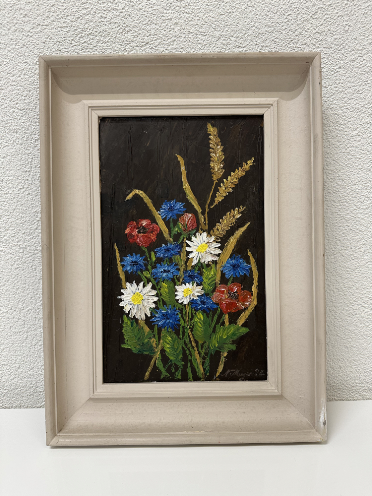 Signiertes Blumenstillleben in Öl, Mohn, Margeriten und Kornblumen (1974)