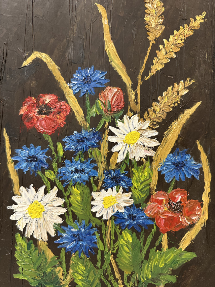 Signiertes Blumenstillleben in Öl, Mohn, Margeriten und Kornblumen (1974) – Bild 3