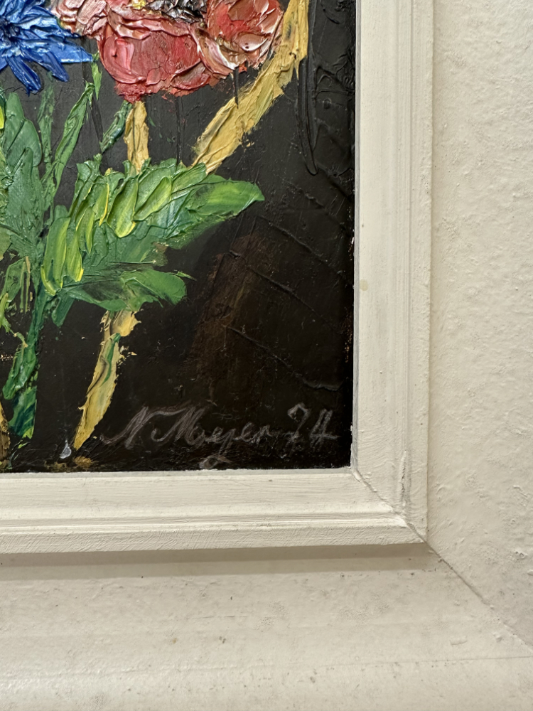 Signiertes Blumenstillleben in Öl, Mohn, Margeriten und Kornblumen (1974) – Bild 4