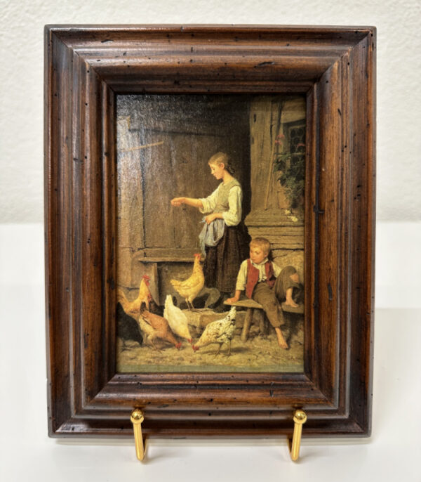 Vintage gerahmtes Wandbild "Mädchen, Hühner fütternd" nach Albert Anker im Buco-Holzrahmen ca. 1960er Jahre