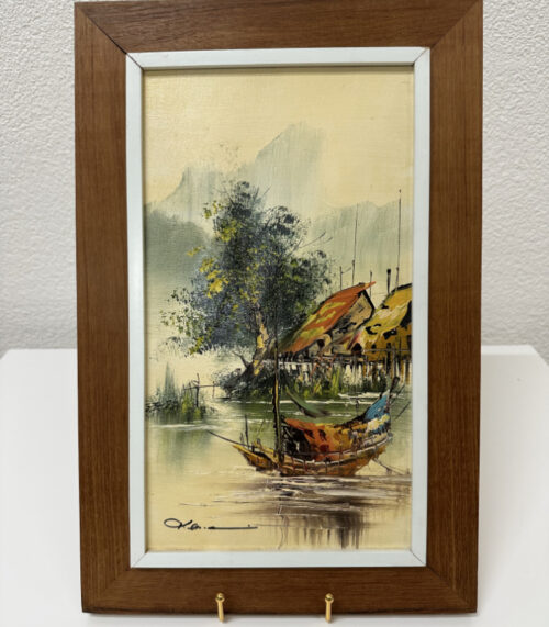 Signiertes Ölbild mit Bootsmotiv, Landschaftsszene auf Leinwand im Holzrahmen